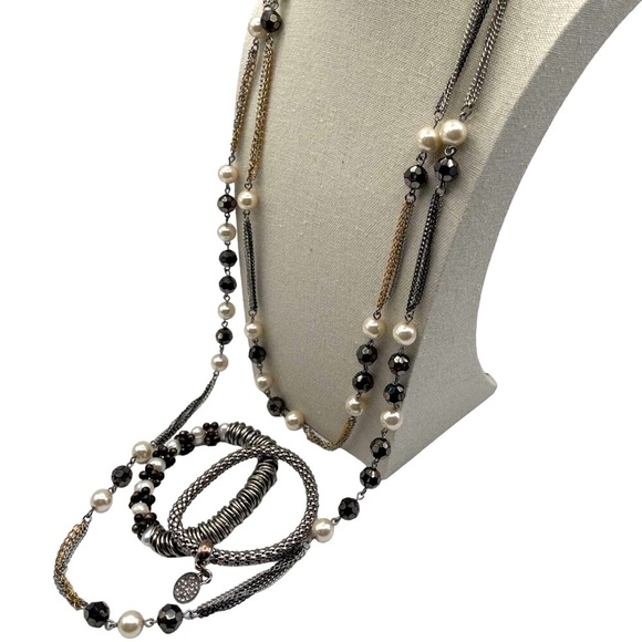 Womens Long Multi-Strand Pearl Necklace Bracelet Set Silver Gold Chains N83 - Picture 1 of 6